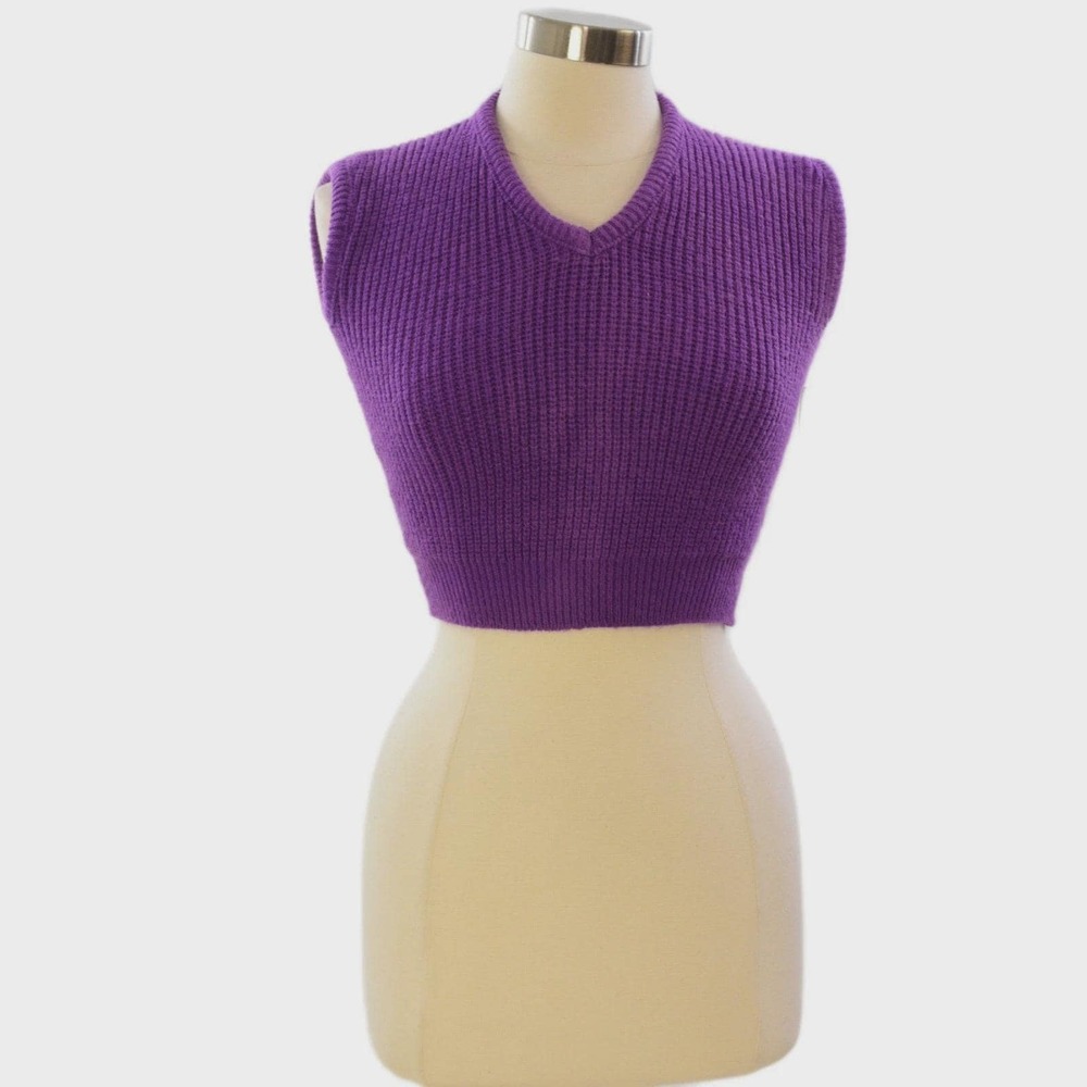 70s Vintage Purple Cropped Sweater Vest Womens XS V Neck Knit Top Sleeveless